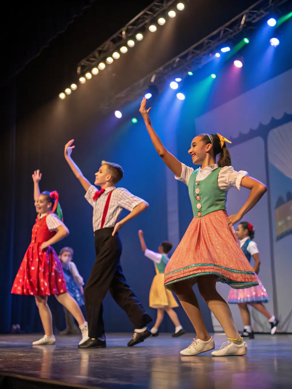 A dynamic image of a dance troupe rehearsing a contemporary piece, with dancers in motion against a minimalist backdrop, highlighting the energy and artistry of the performance.