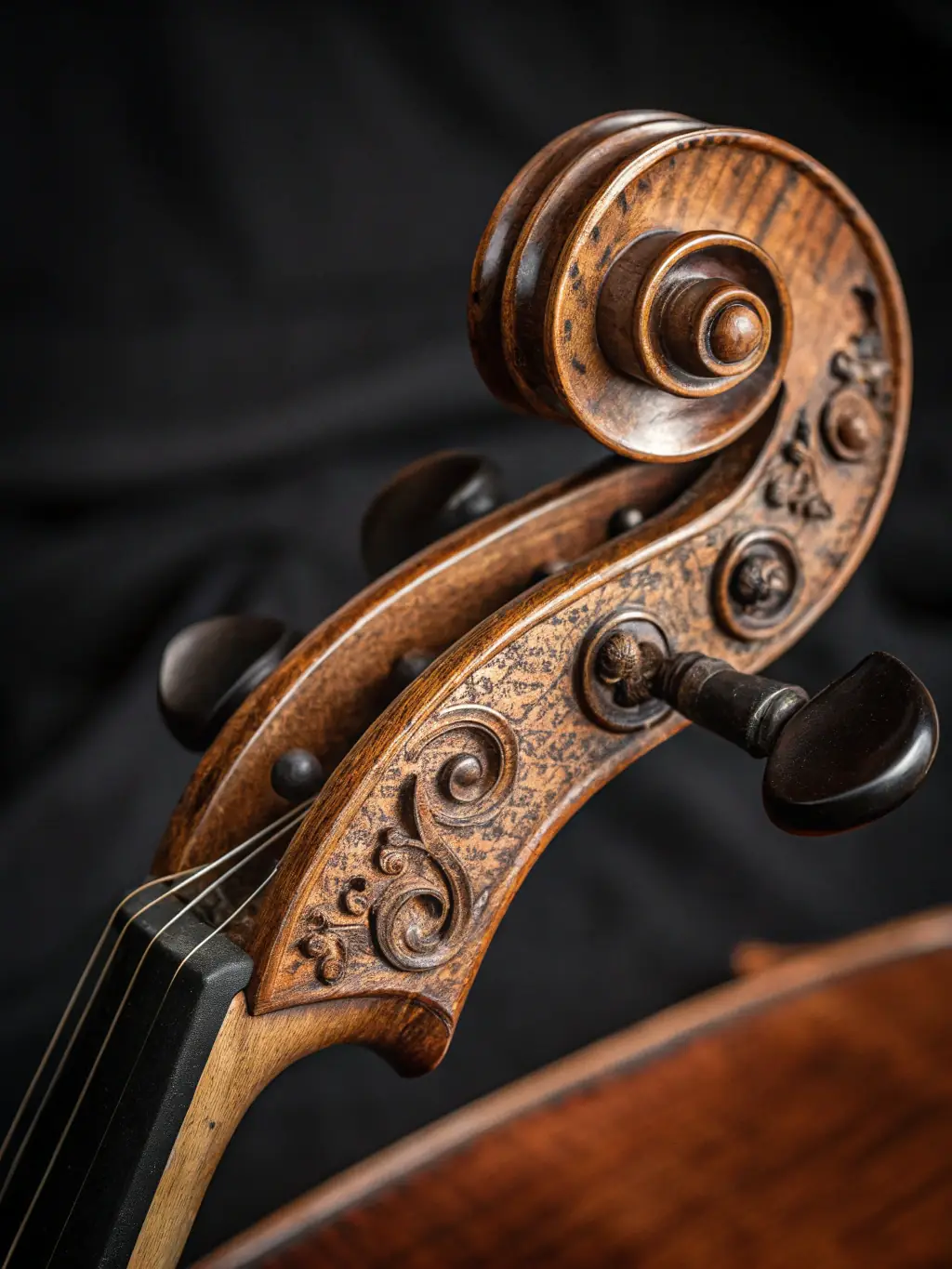 A close-up shot of a musician tuning a string instrument before a concert, with the focus on the intricate details of the instrument and the musician's focused expression.